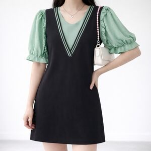 Cotton Y2K Dress with Green Puff Sleeves